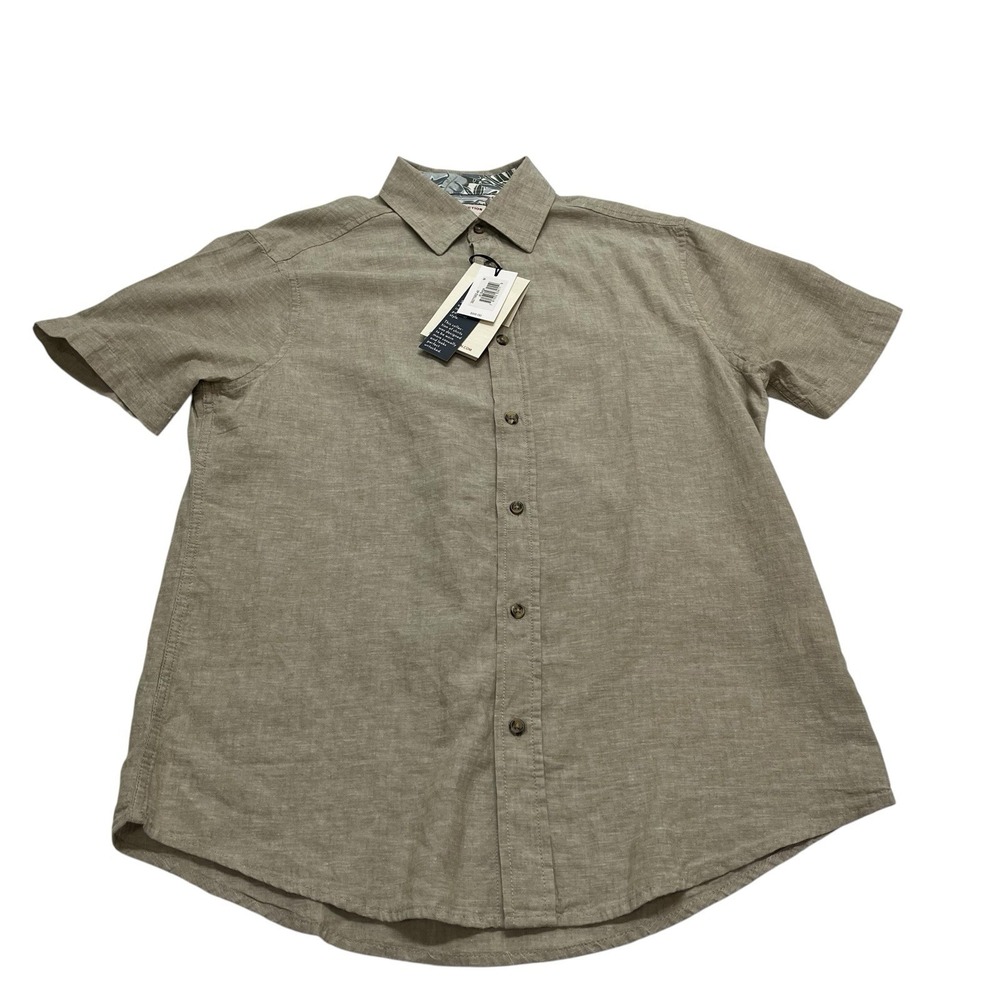 Report Collection Summer Linen Blend Beige Button Down M Beachy Coastal Washable